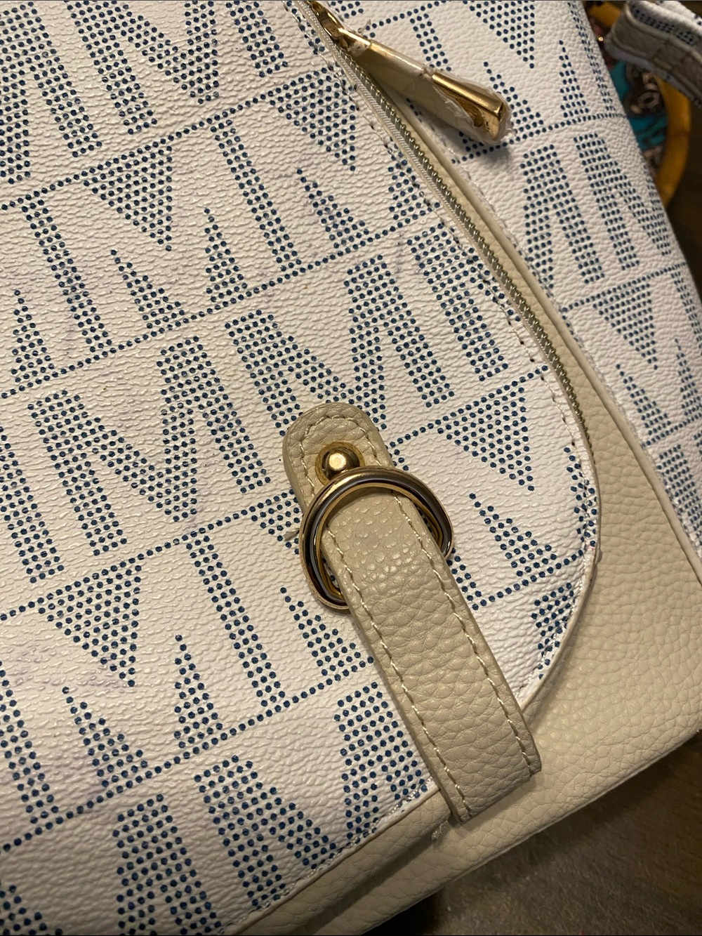 White Patterned Women's Satchel Bag with Gold Accents - Picture 3 of 10